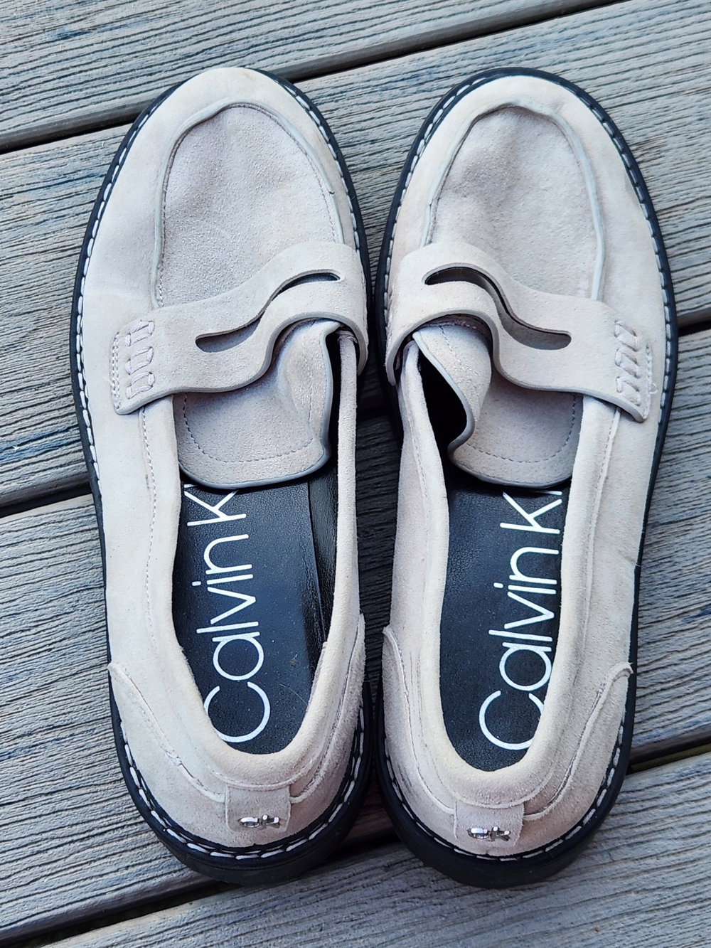 Calvin Klein Beige Suede Penny Loafers with Black Sole